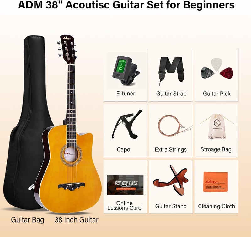 ADM 38" Inch Acoustic Guitar Bundle for Beginners Adults with Online Lesson, Cutaway Wood Acustica Guitarra Starter Set Package with Gig Bag, Strap, Steel Strings, Picks, Capos, Stand, Yellow - Image 3